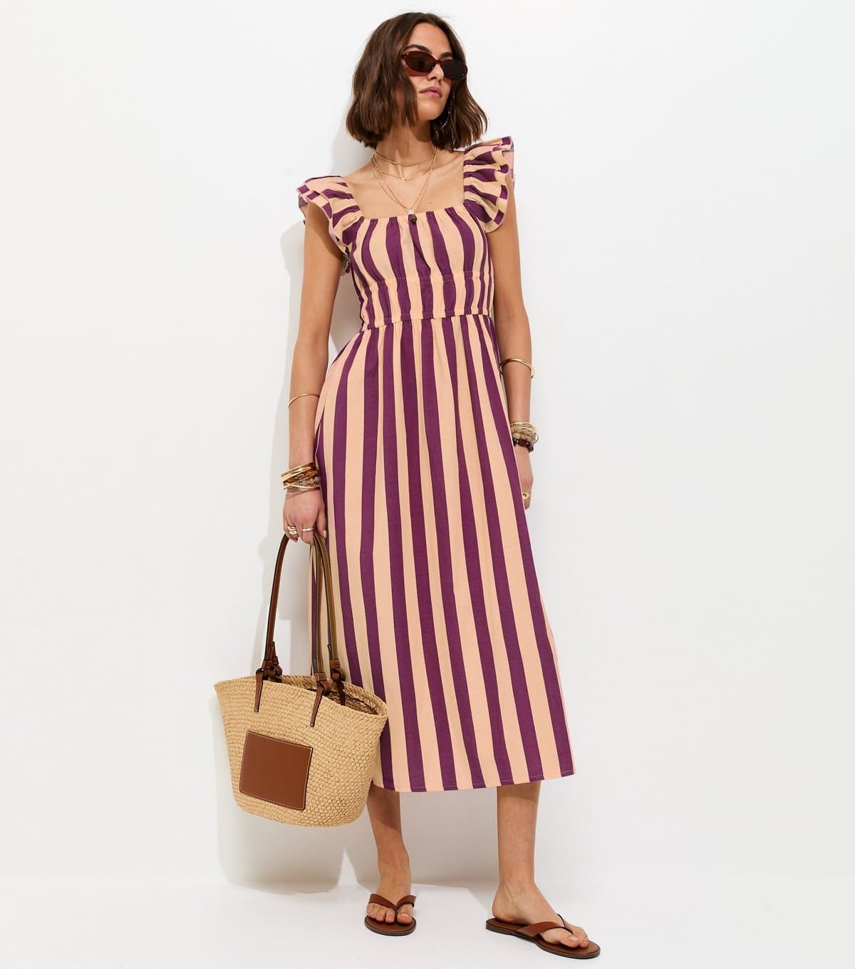 New Look Women's Pink Striped Shirred Frill Trim Midi Dress New Look