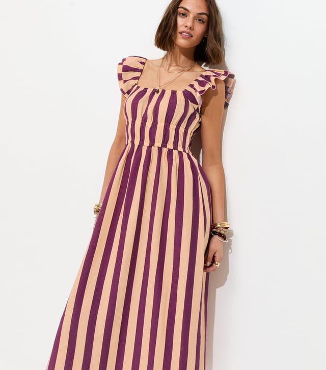 New Look Women's Pink Striped Shirred Frill Trim Midi Dress New Look - 3