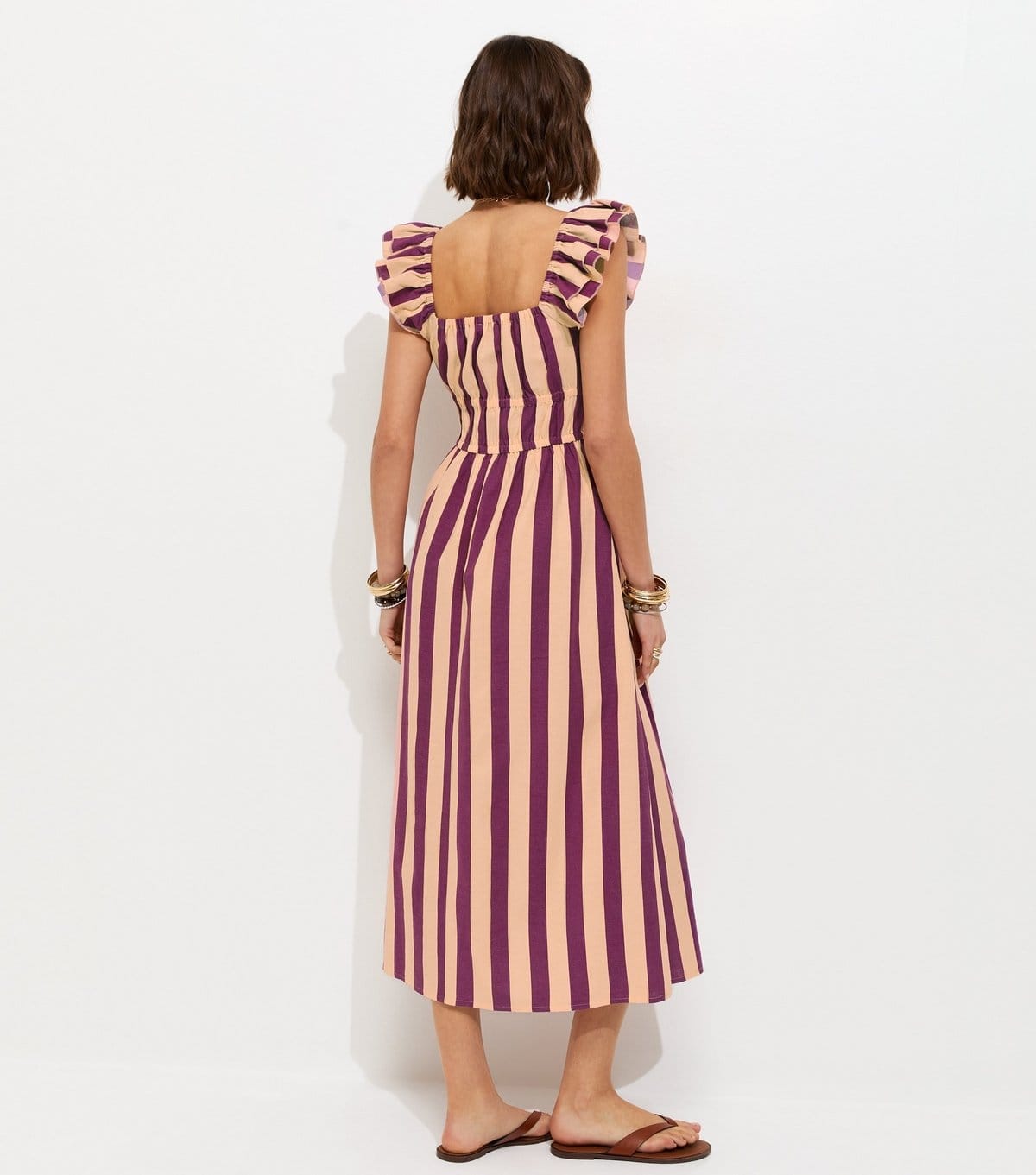 New Look Women's Pink Striped Shirred Frill Trim Midi Dress New Look - 4