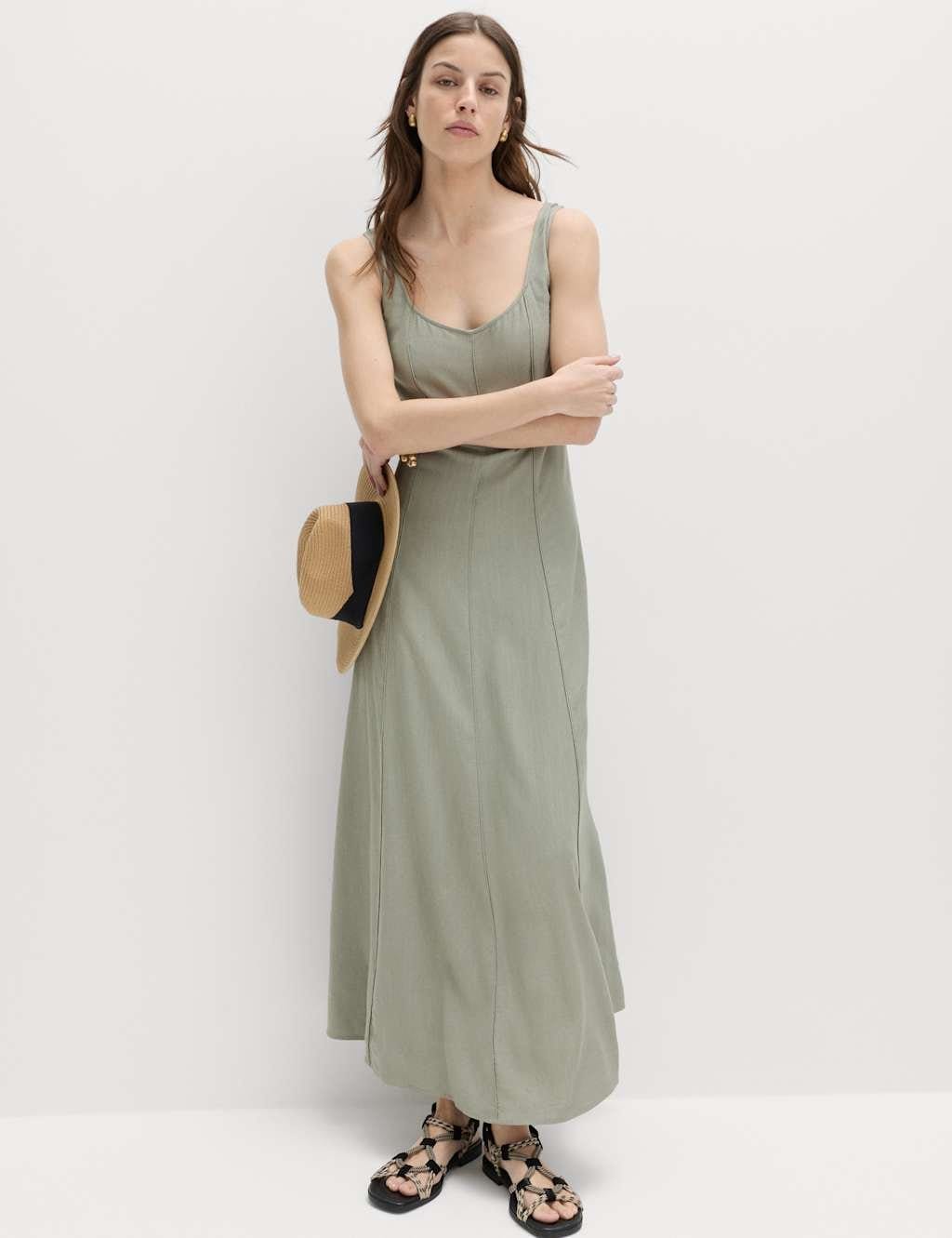 M&S Light Khaki Linen Scoop Neck Midi Slip Dress