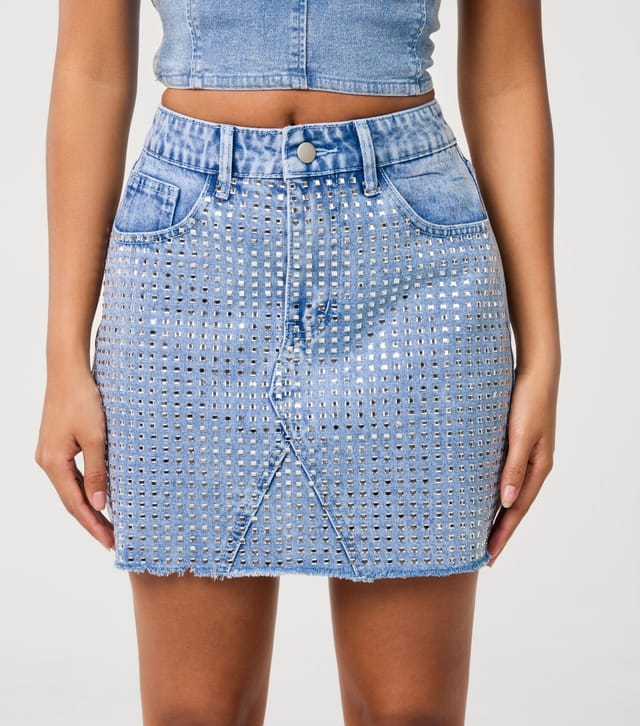 Pink Vanilla Women's Mid Blue Diamanté Embellished Denim Mini Skirt Pink Vanilla New Look - 3