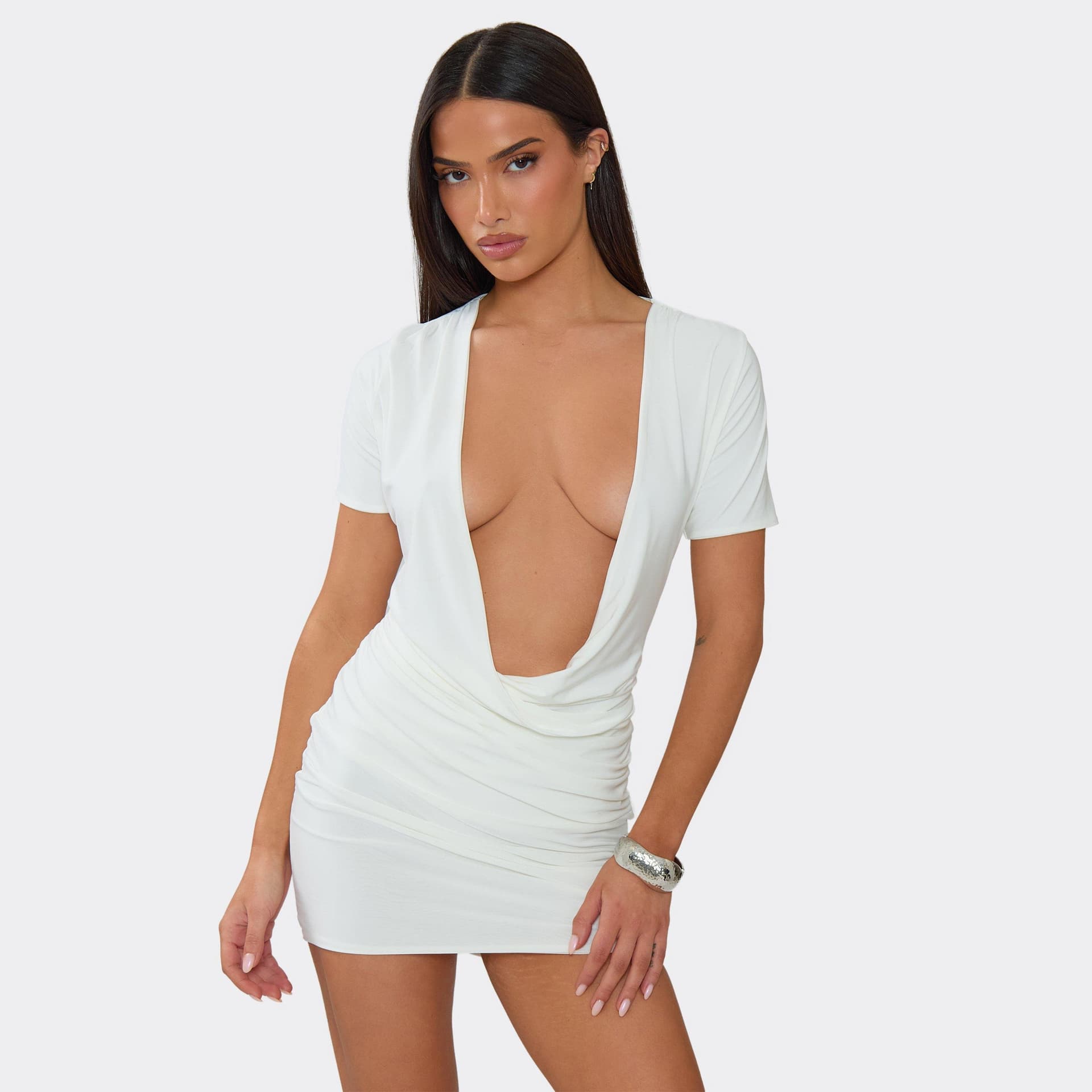 EGO Plunge Neck Cross Front Cap Sleeve Mini Dress In White Slinky, Women's Size UK 6