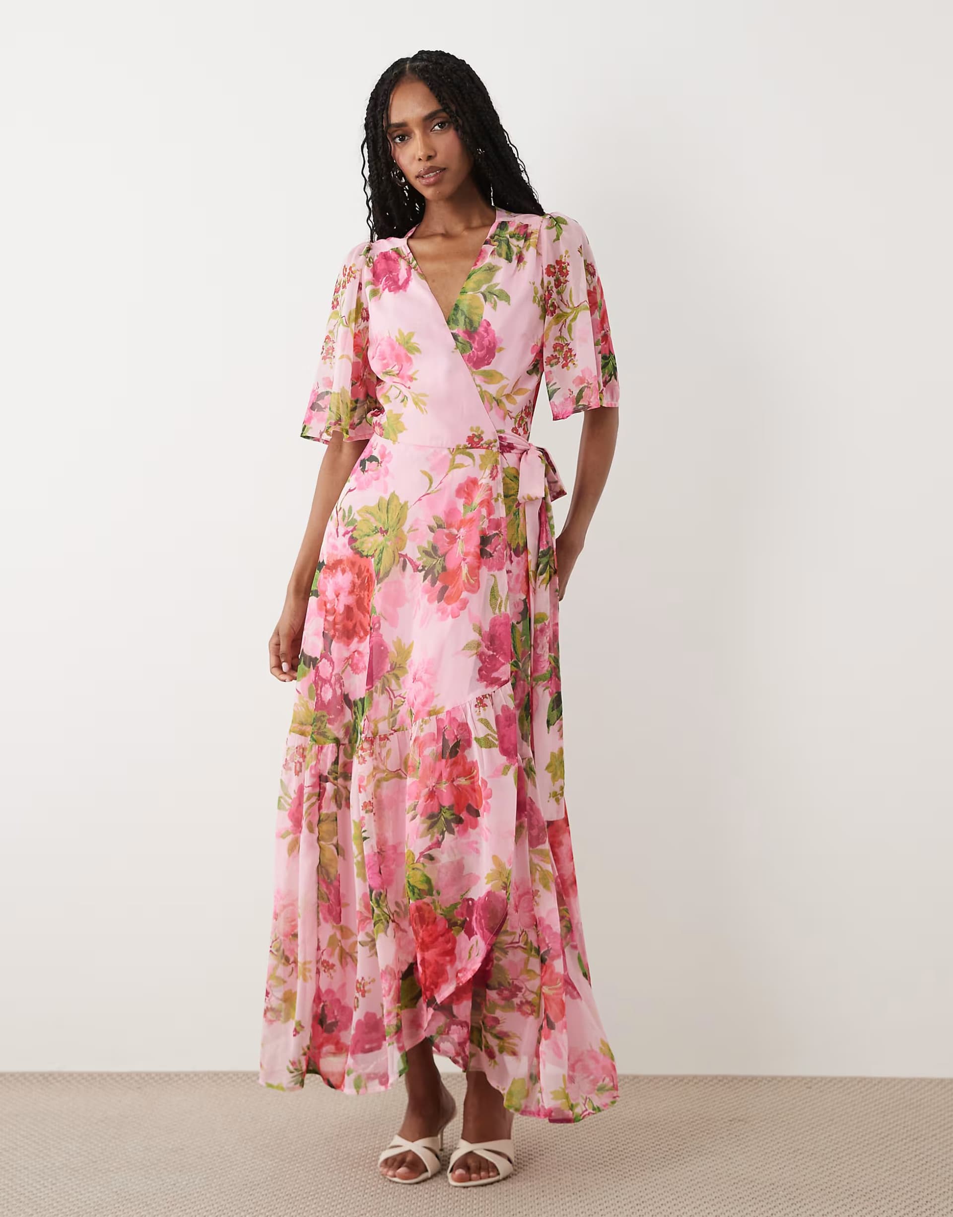 ASOS Hope & Ivy flutter sleeve maxi wrap dress in pink floral
