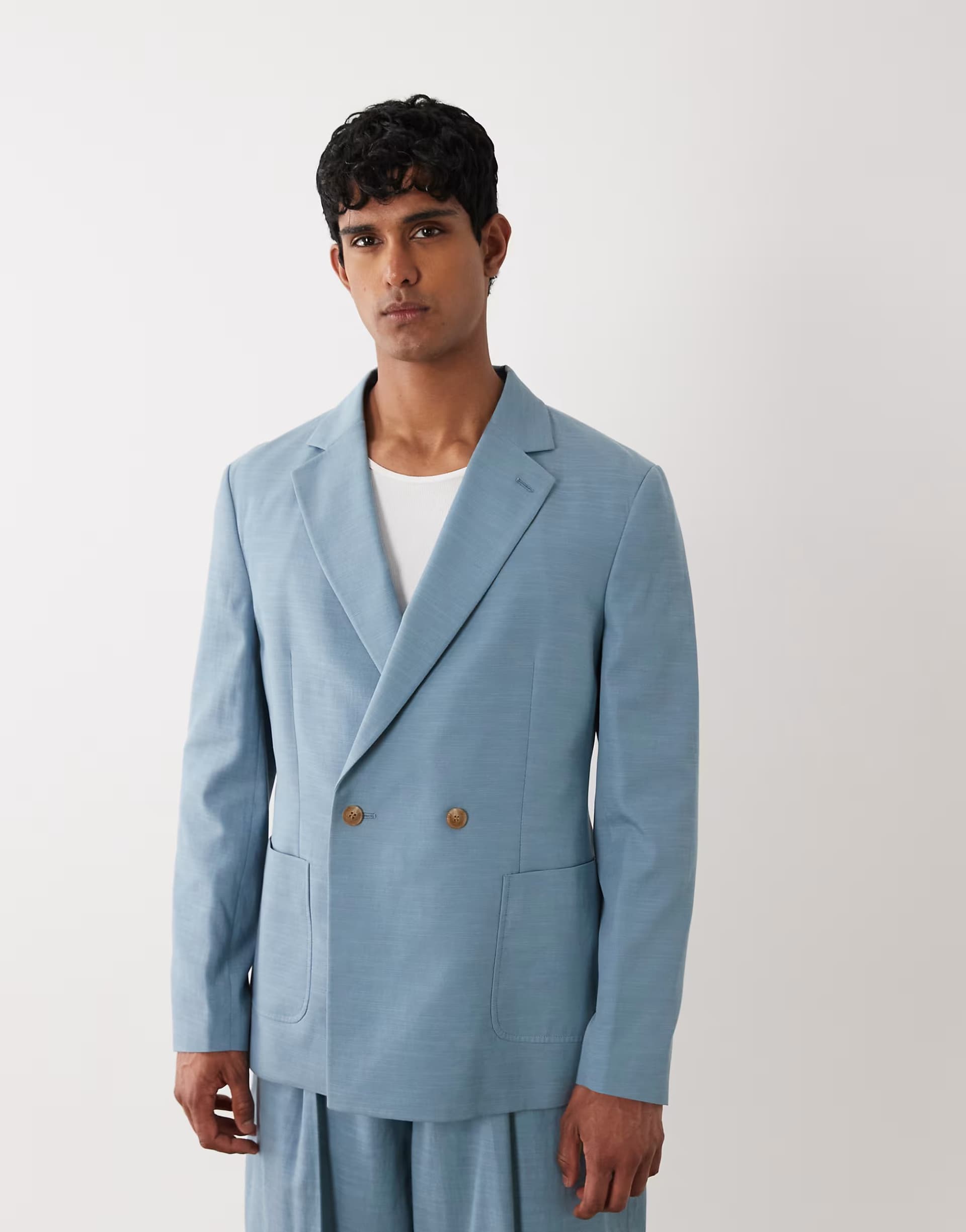 ASOS ASOS DESIGN regular double breasted suit jacket in blue slub texture