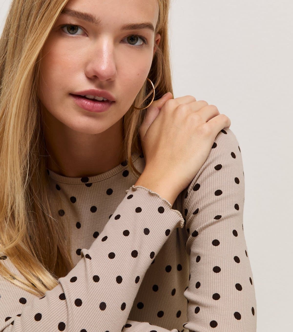 New Look Women's Brown Cotton Rich Spot Print Long Sleeve Babylock Top New Look