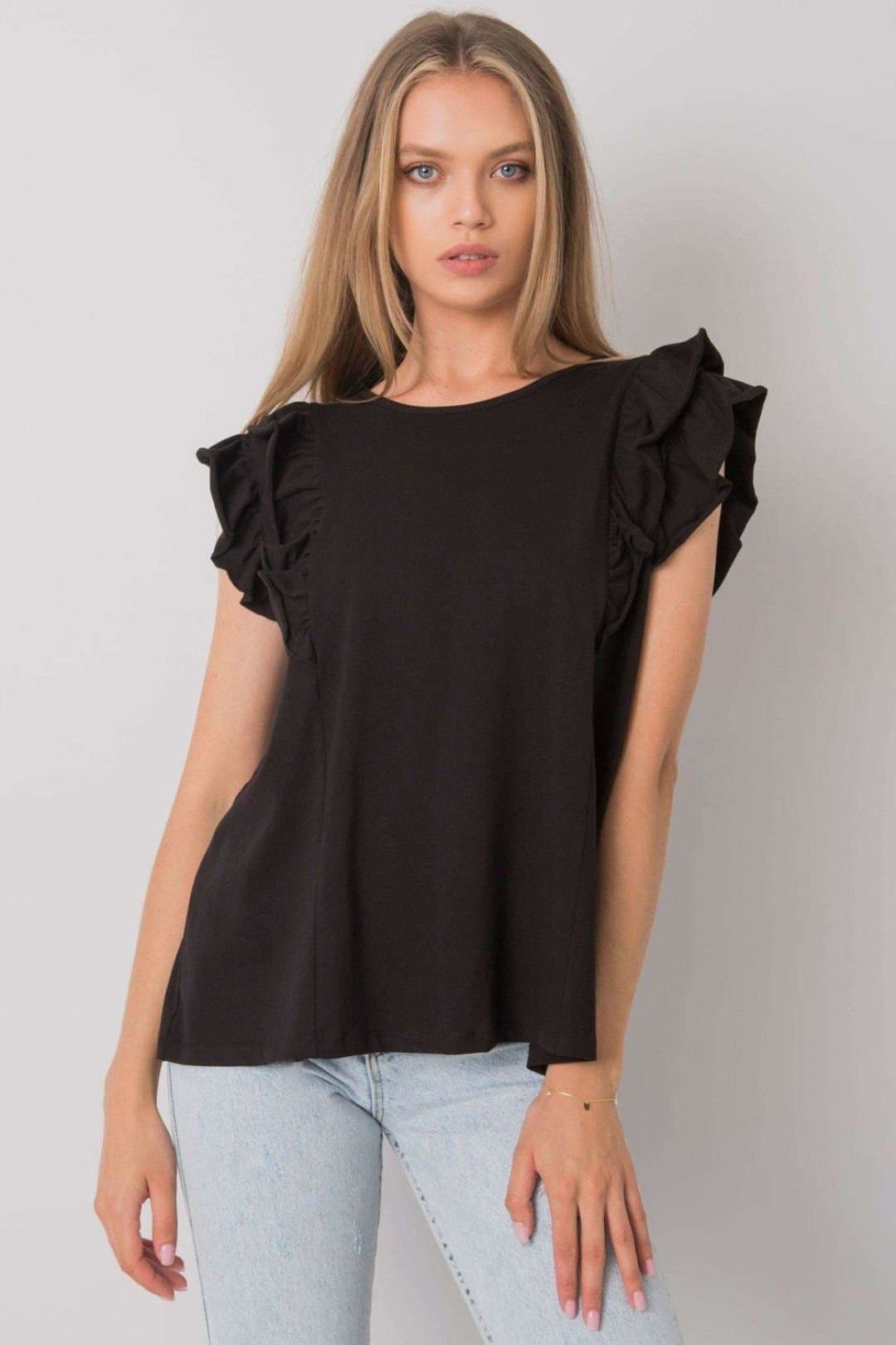 Love Lace Love Lace Women's Frilled Short Sleeve Back Cutout Blouse in Black