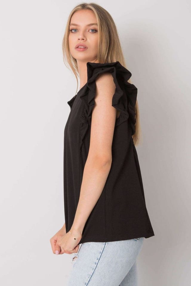 Love Lace Love Lace Women's Frilled Short Sleeve Back Cutout Blouse in Black - 2