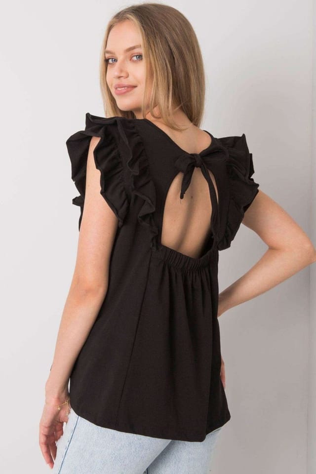 Love Lace Love Lace Women's Frilled Short Sleeve Back Cutout Blouse in Black - 3