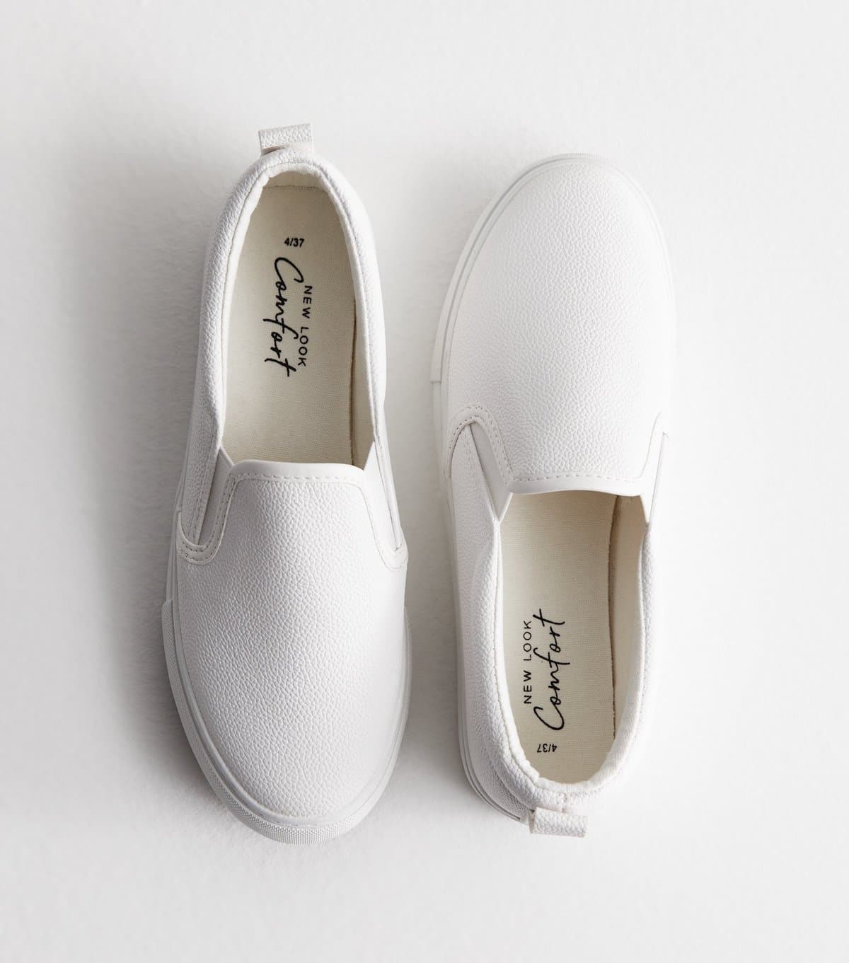 New Look Women's White Leather-Look Slip On Trainers New Look
