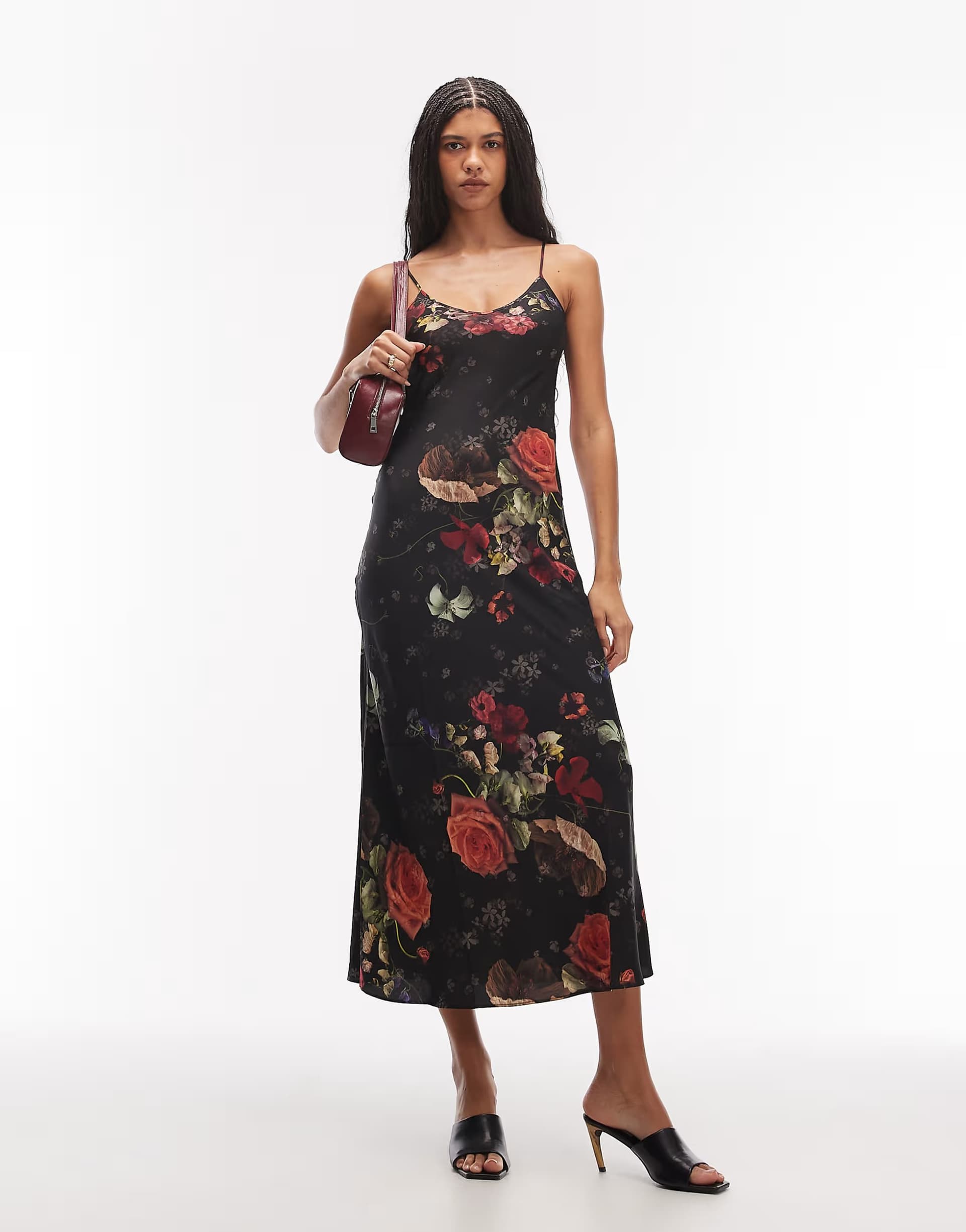ASOS AllSaints bryony floral print midi slip dress in black