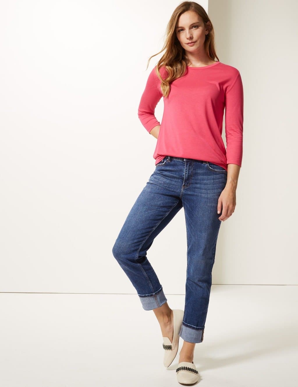 Marks & Spencer M&S Mid Rise Relaxed Slim Leg Jeans Med Blue Denim