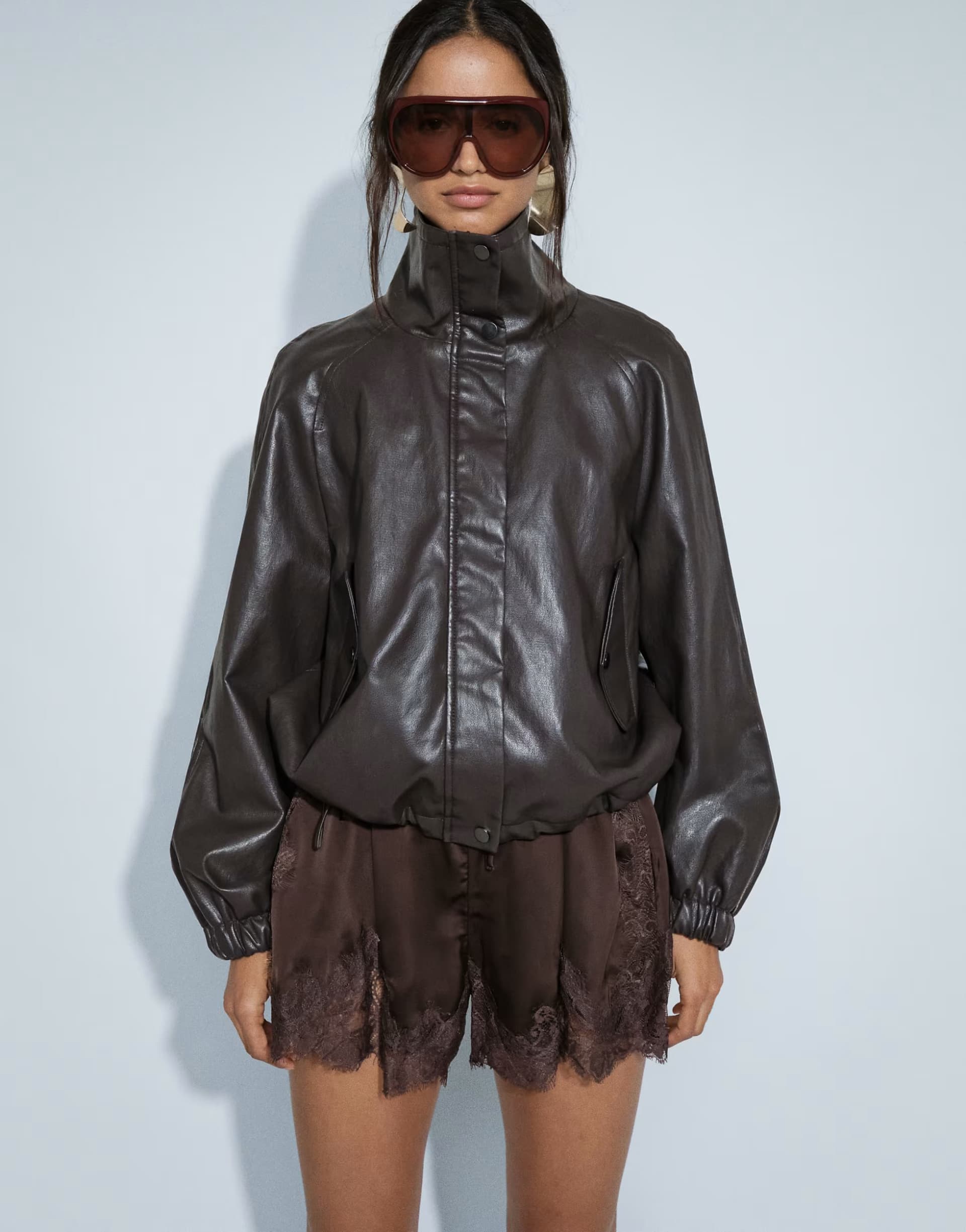 ASOS ONLY funnel neck faux leather jacket in washed dark brown