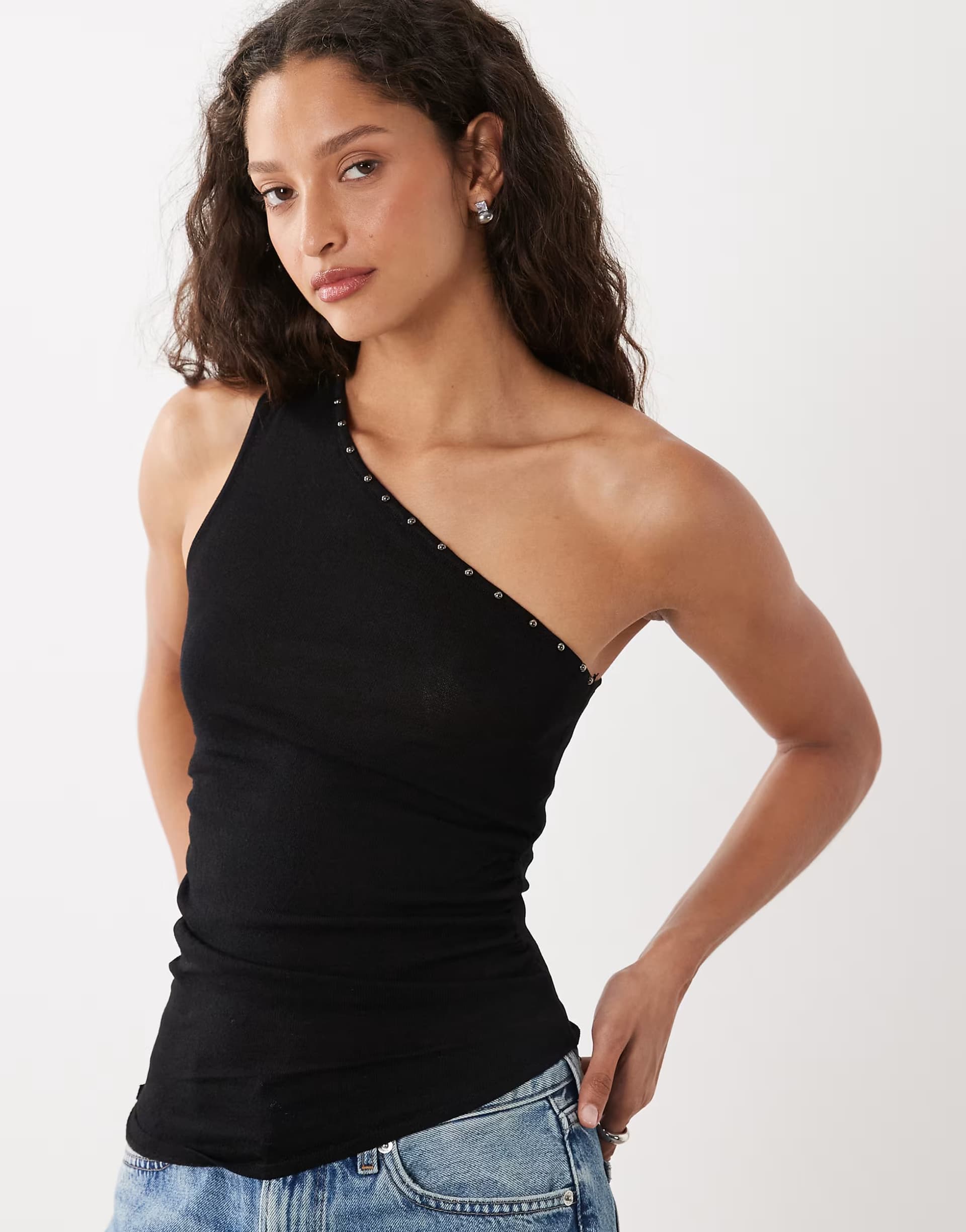 ASOS Cotton On stud asymmetric knit top in black