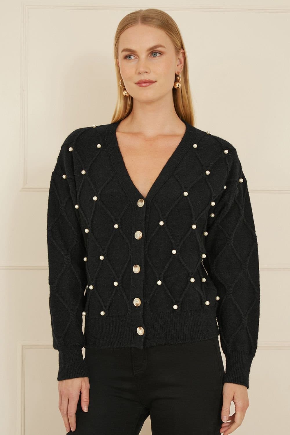 Yumi Yumi Women's Black Pearl Cable Knit Cardigan