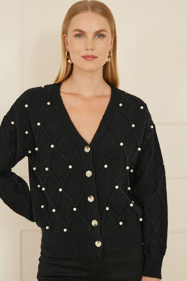 Yumi Yumi Women's Black Pearl Cable Knit Cardigan - 2