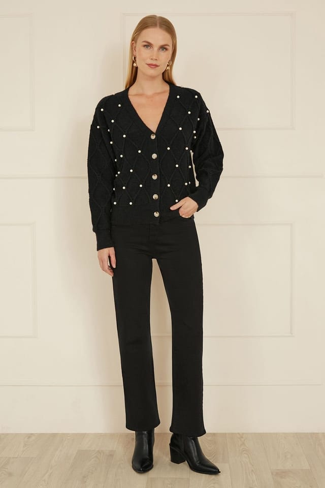 Yumi Yumi Women's Black Pearl Cable Knit Cardigan - 3