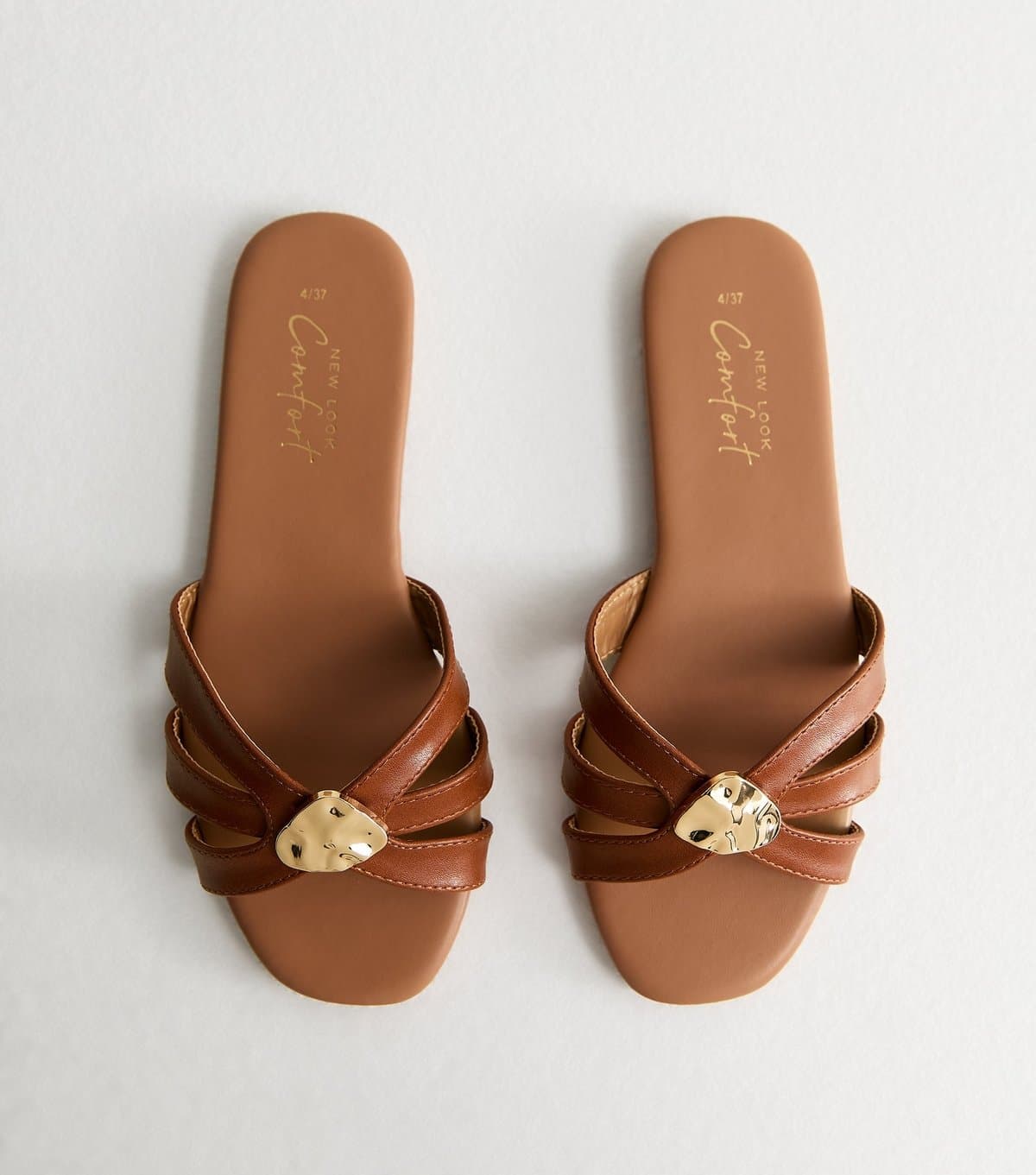 New Look Women's Tan Faux Leather Hammered Hardware Flat Mule Sandals Vegan New Look