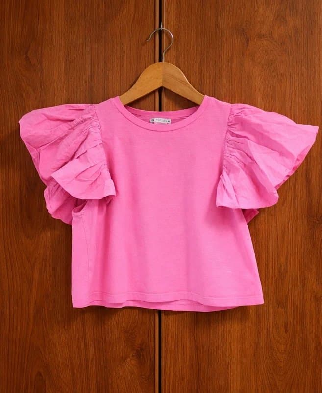 Zara Zara beautiful  Y2k pink  statement ruffle sleeves cropped top size S