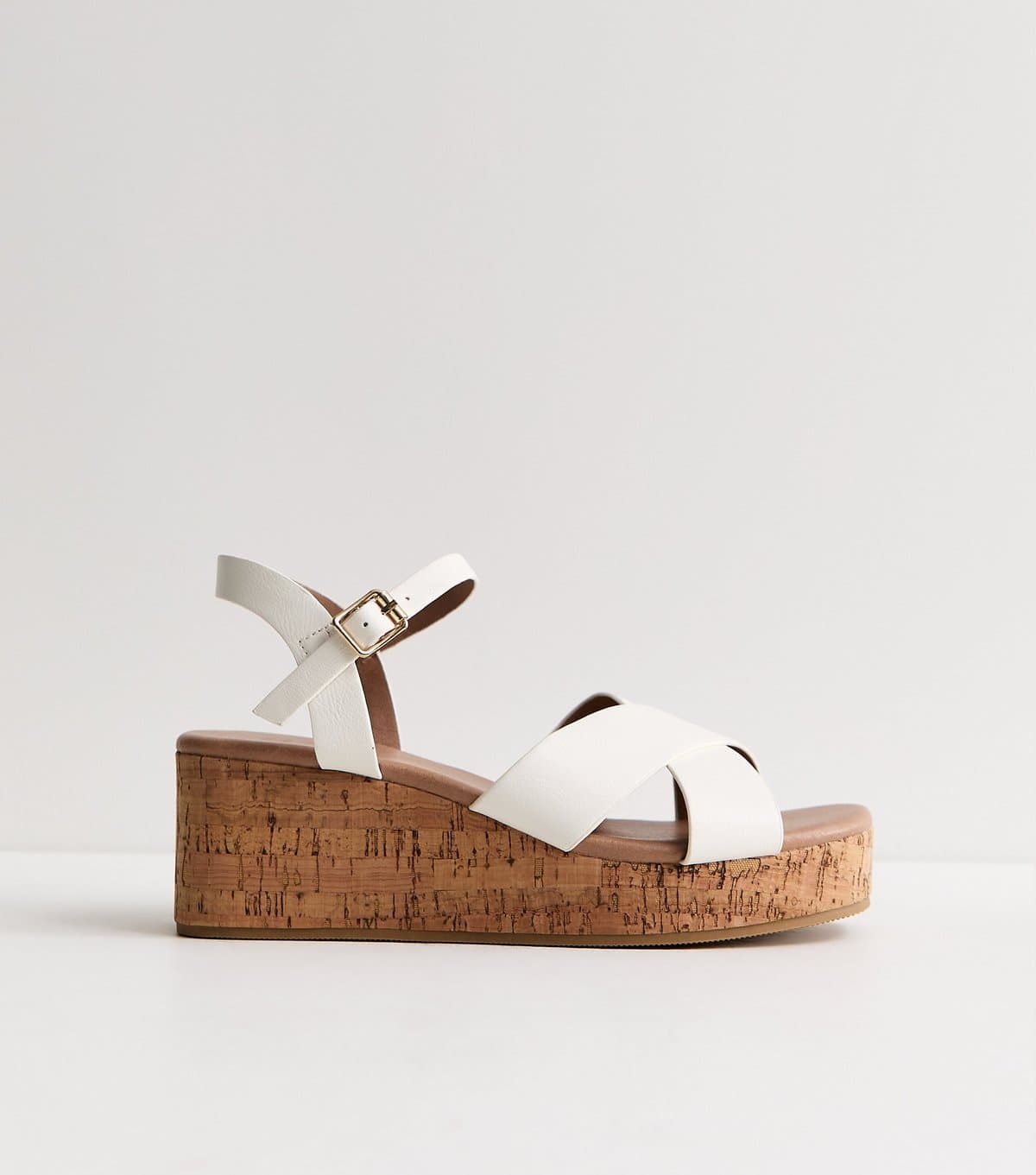 New Look Women's Wide Fit White Faux Leather Cork Platform Sandals Vegan New Look