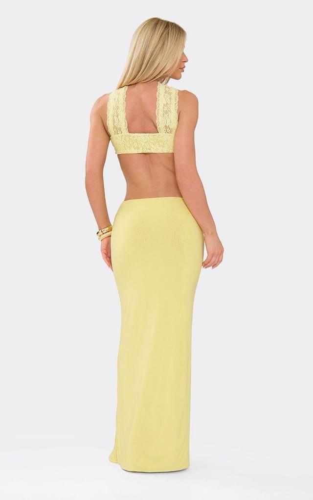EGO Bandeau Lace Trim Choker Detail Cut Out Maxi Dress In Lemon, Women's Size UK 6 - 2