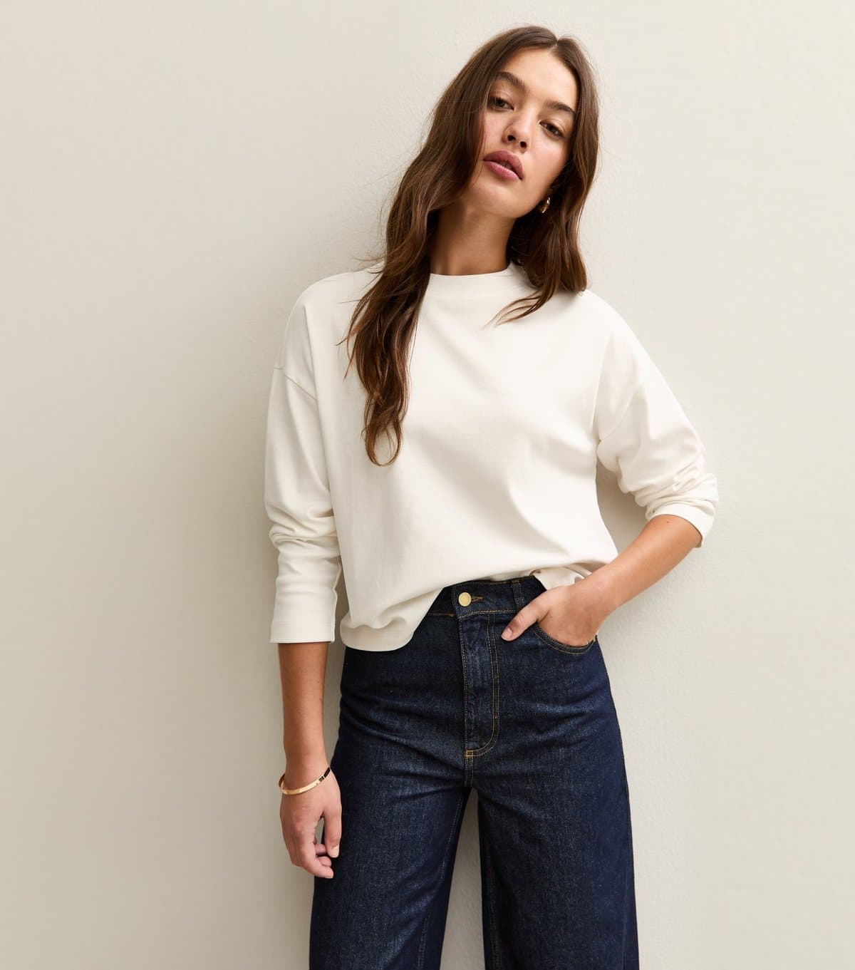 New Look Women's Premium Off White  Cotton Long Sleeve T-Shirt New Look
