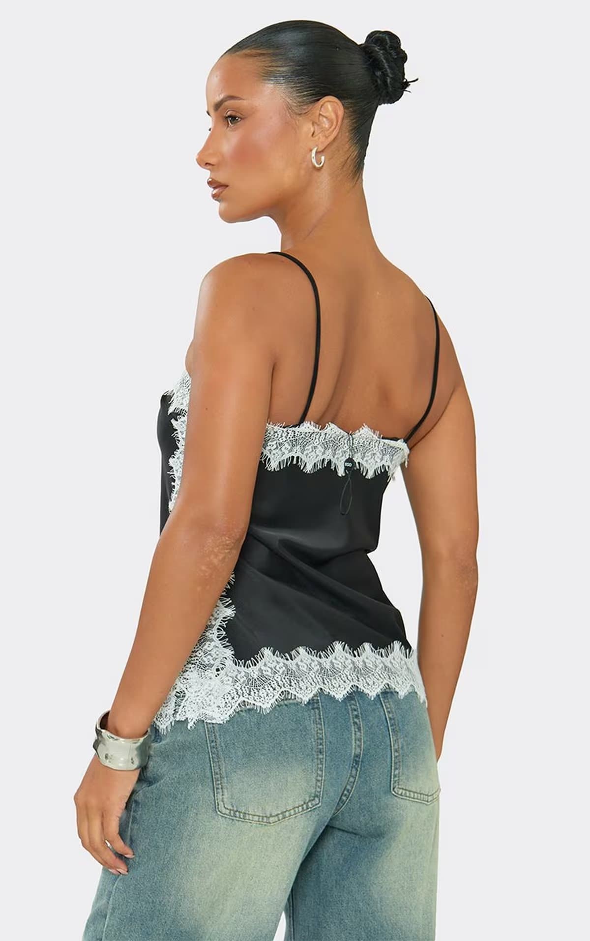 EGO Strappy Square Neck Contrast Lace Cami Top In Black Satin, Women's Size UK 6