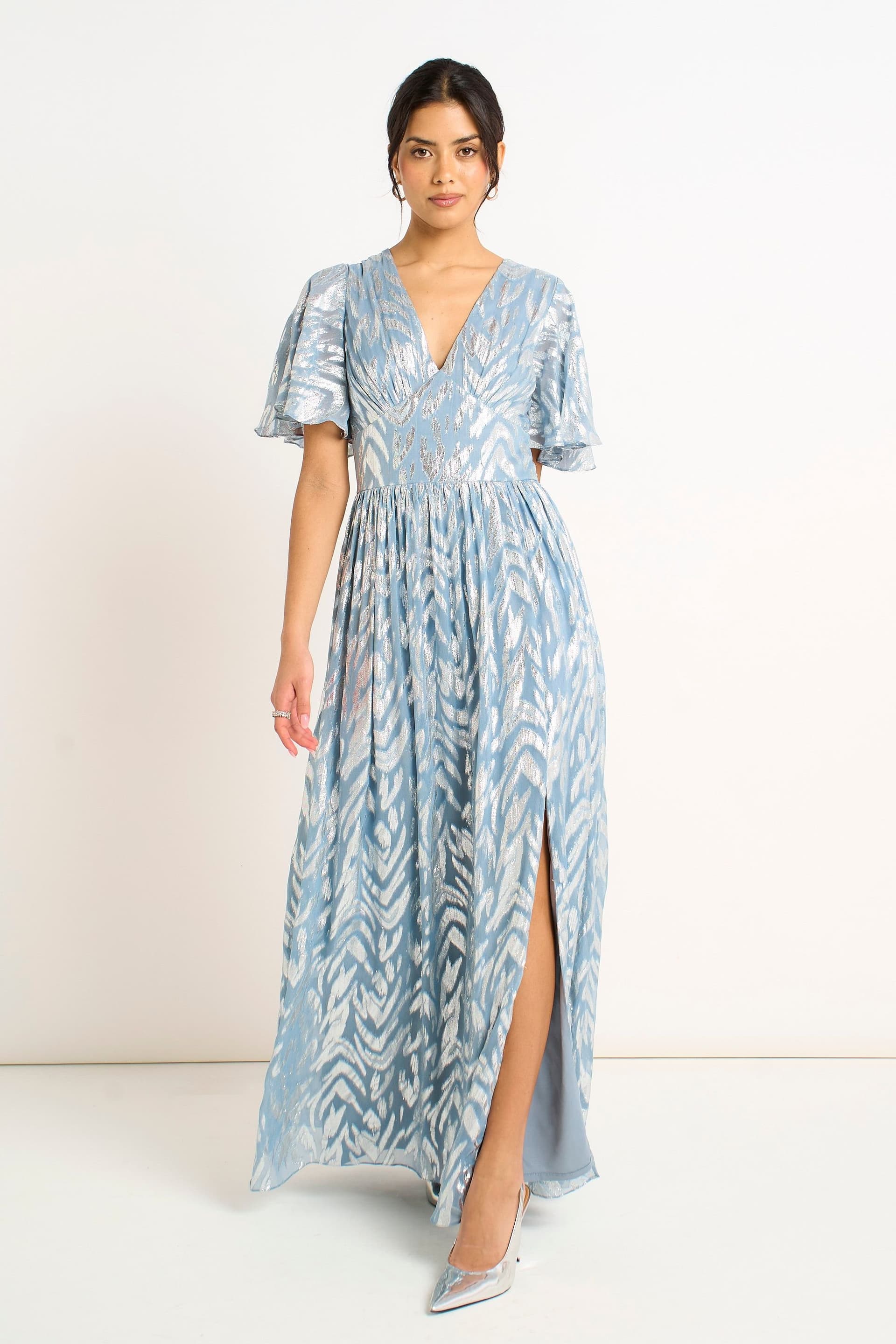Gini London Gini London Women's Blue Foil Metallic Print Short Sleeves Maxi Dress