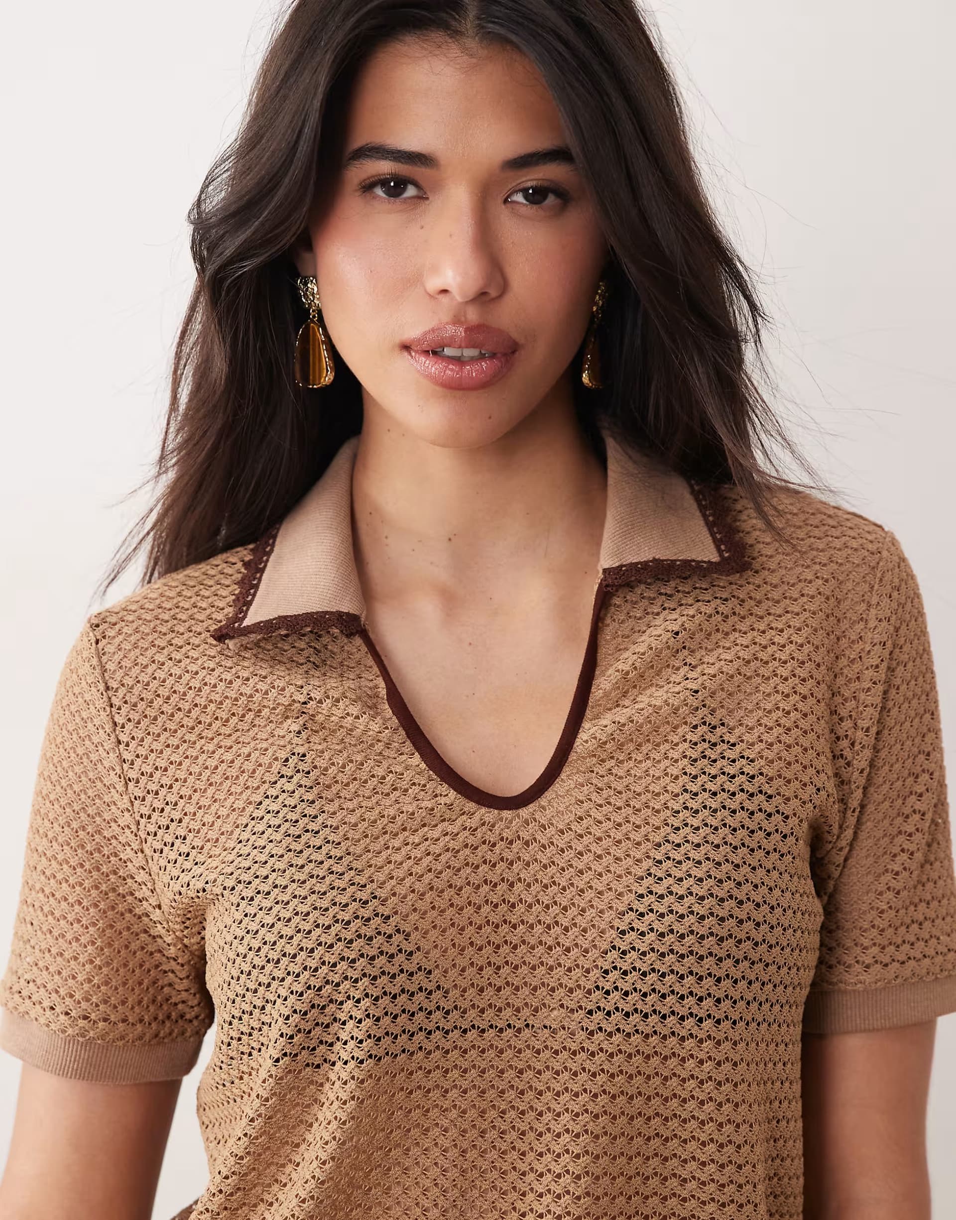 ASOS Kaiia exclusive crochet contrast trim collar detail cropped polo top co-ord in beige
