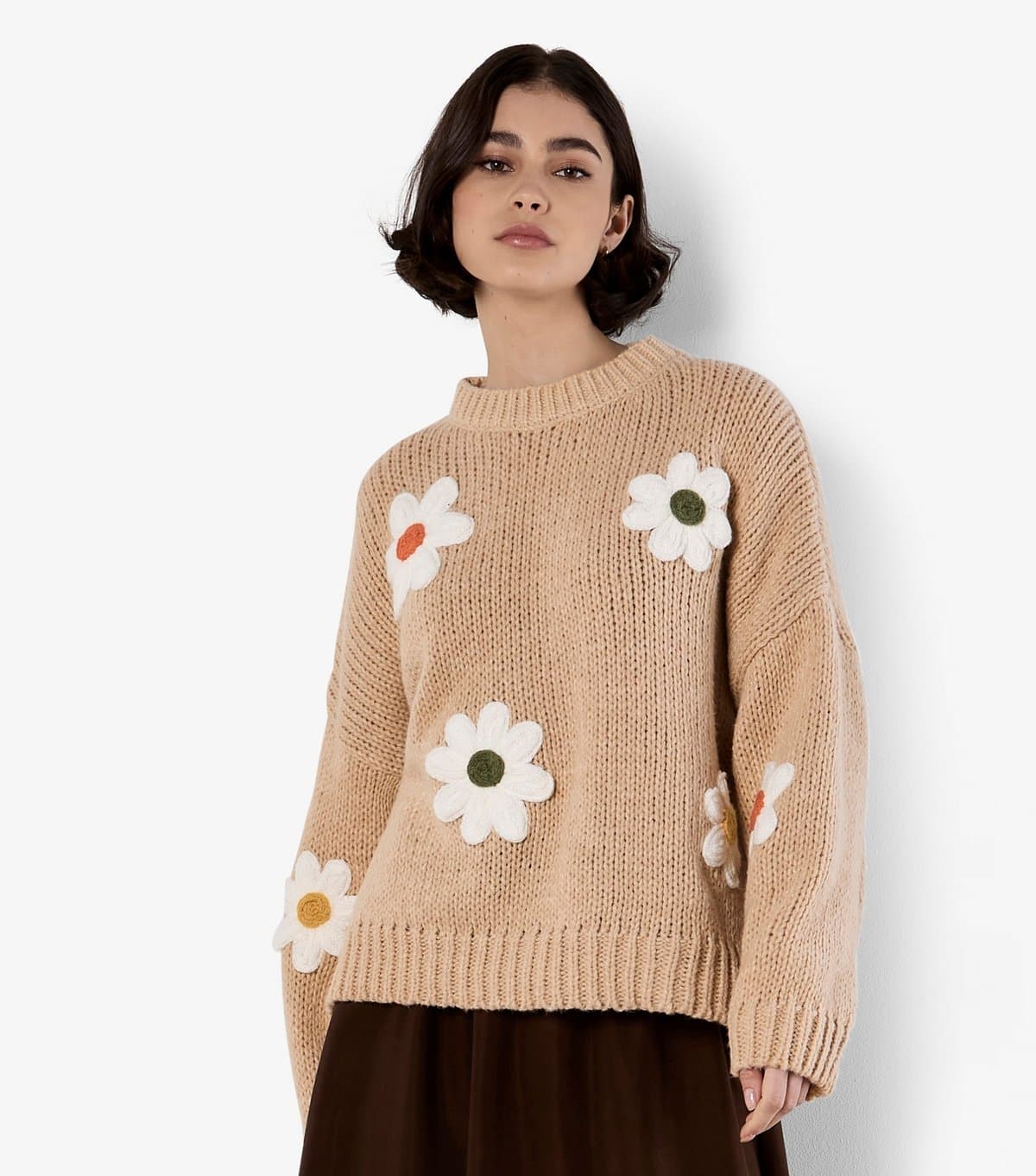 Apricot Women's Stone Daisy Embroidered Jumper Apricot New Look