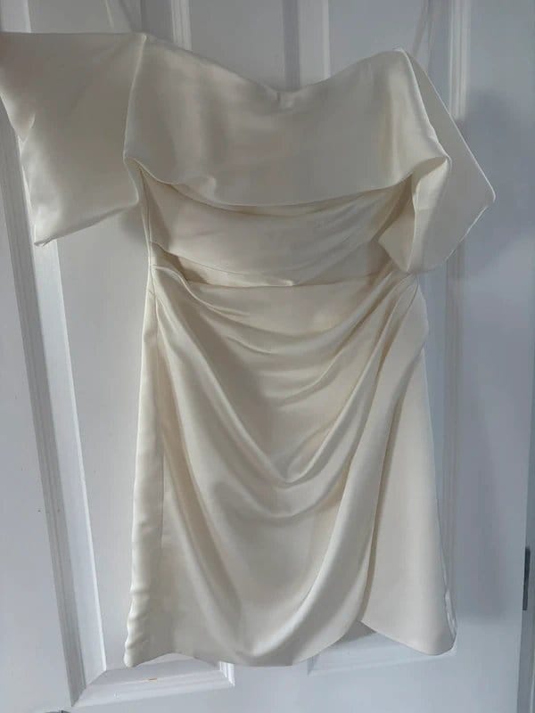 ASOS Design Hen or bride satin off shoulder mini dress in ivory - 1