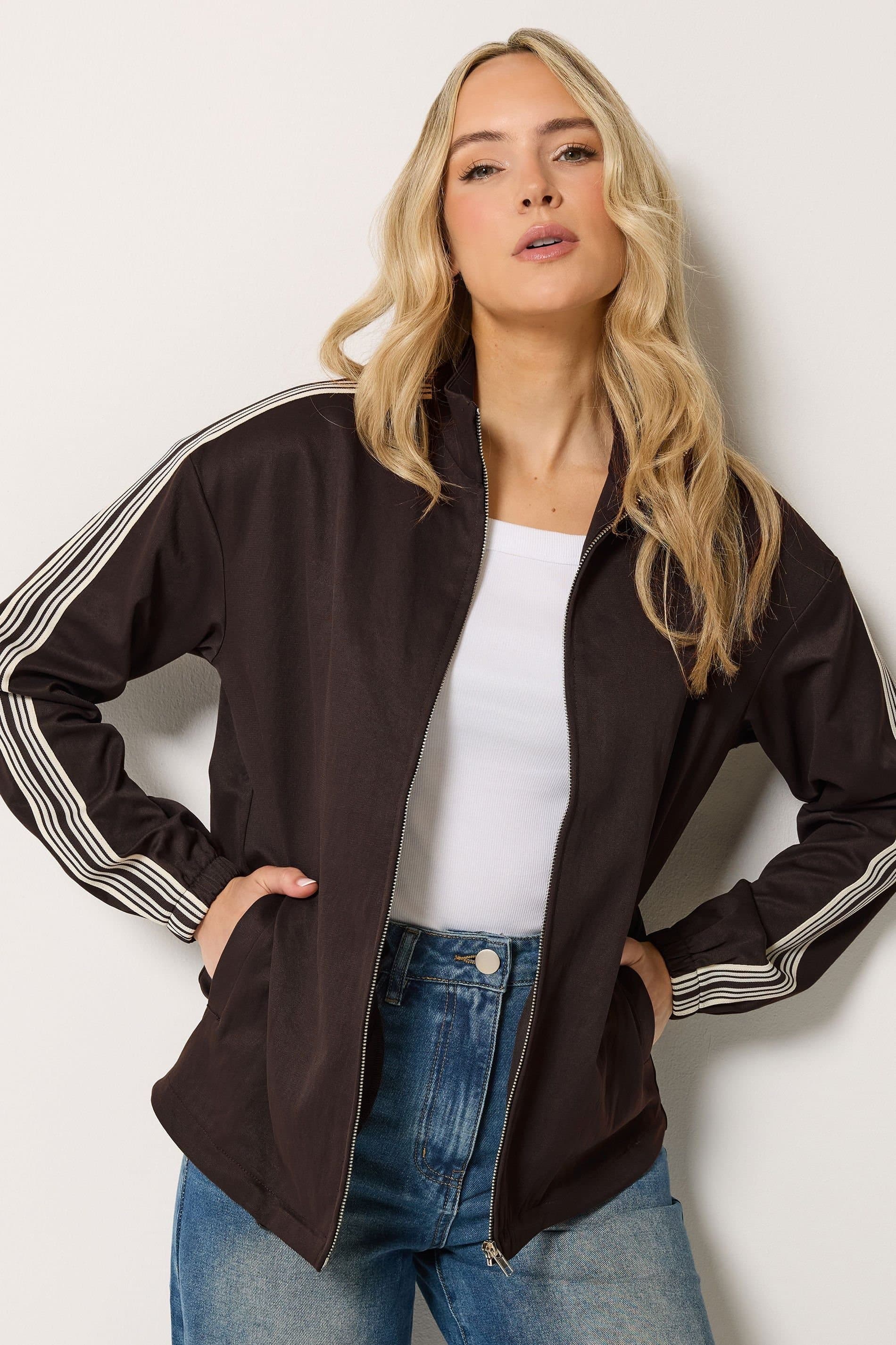 Long Tall Sally Long Tall Sally Women's Tall Stripe Cotton Funnel Neck Jacket in Chocolate