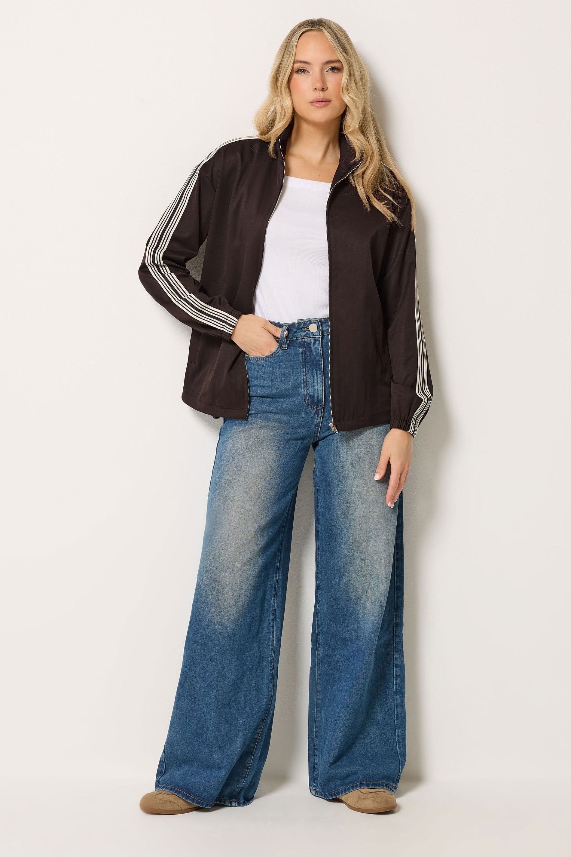 Long Tall Sally Long Tall Sally Women's Tall Stripe Cotton Funnel Neck Jacket in Chocolate - 4