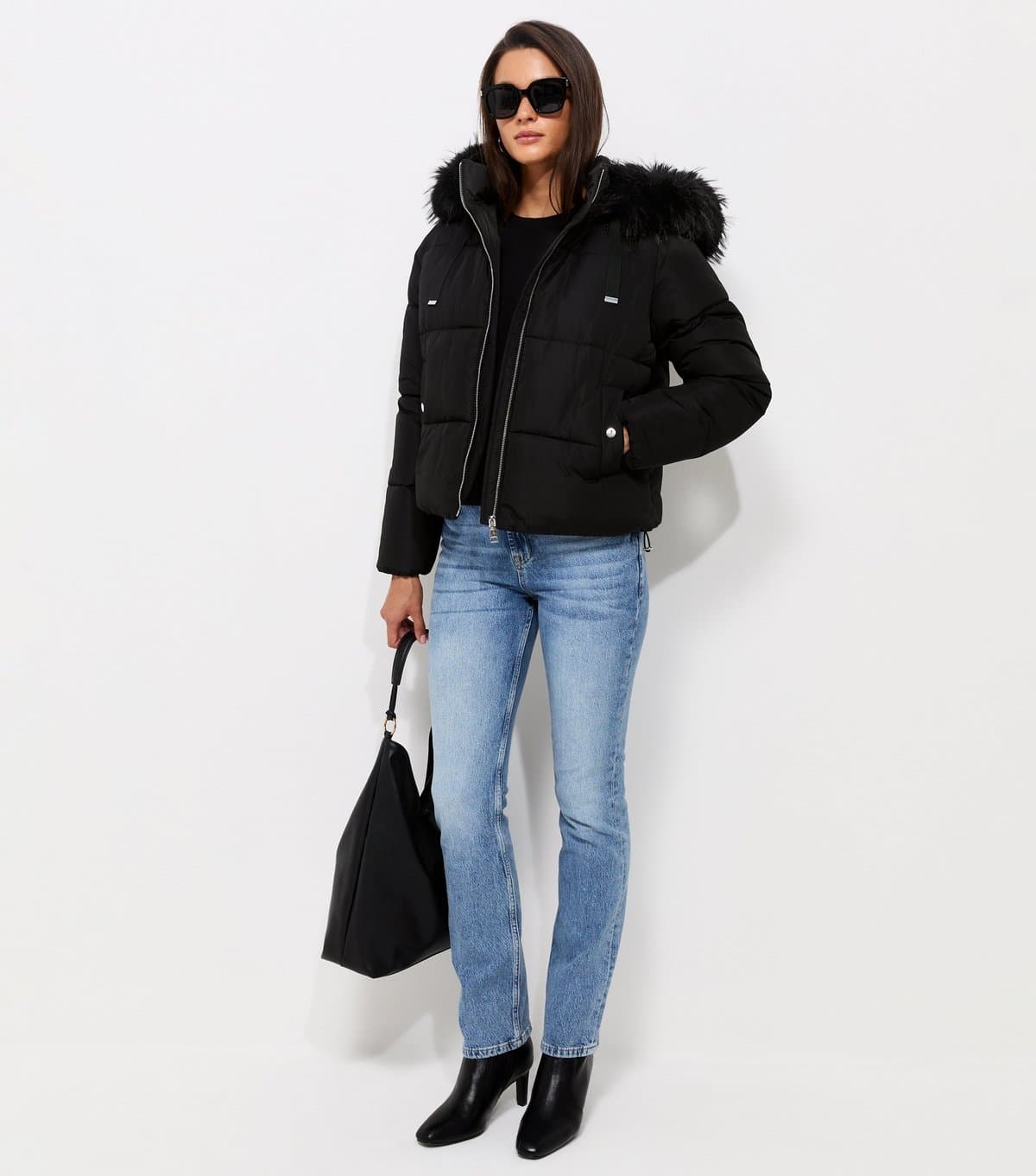 New Look Women's Black Faux Fur Hood Puffer Jacket New Look