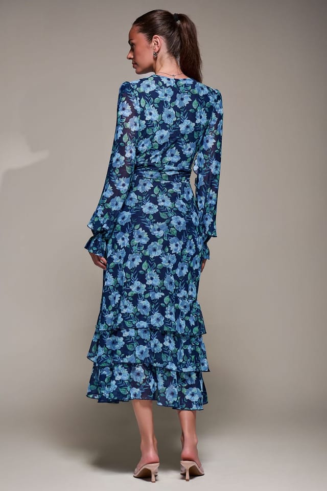 Jolie Moi Jolie Moi Women's Long Sleeve Frill Detail Mesh Maxi dress in Blue - 2