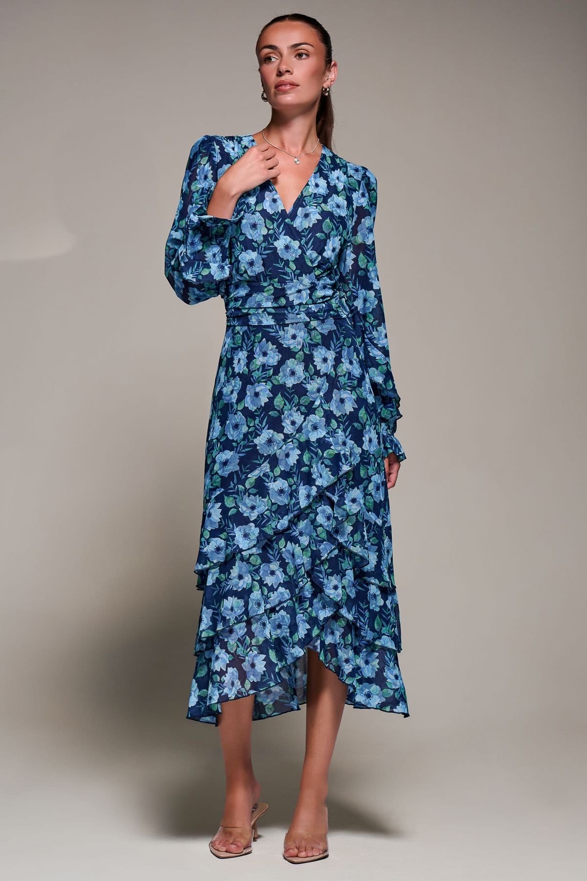 Jolie Moi Jolie Moi Women's Long Sleeve Frill Detail Mesh Maxi dress in Blue - 4
