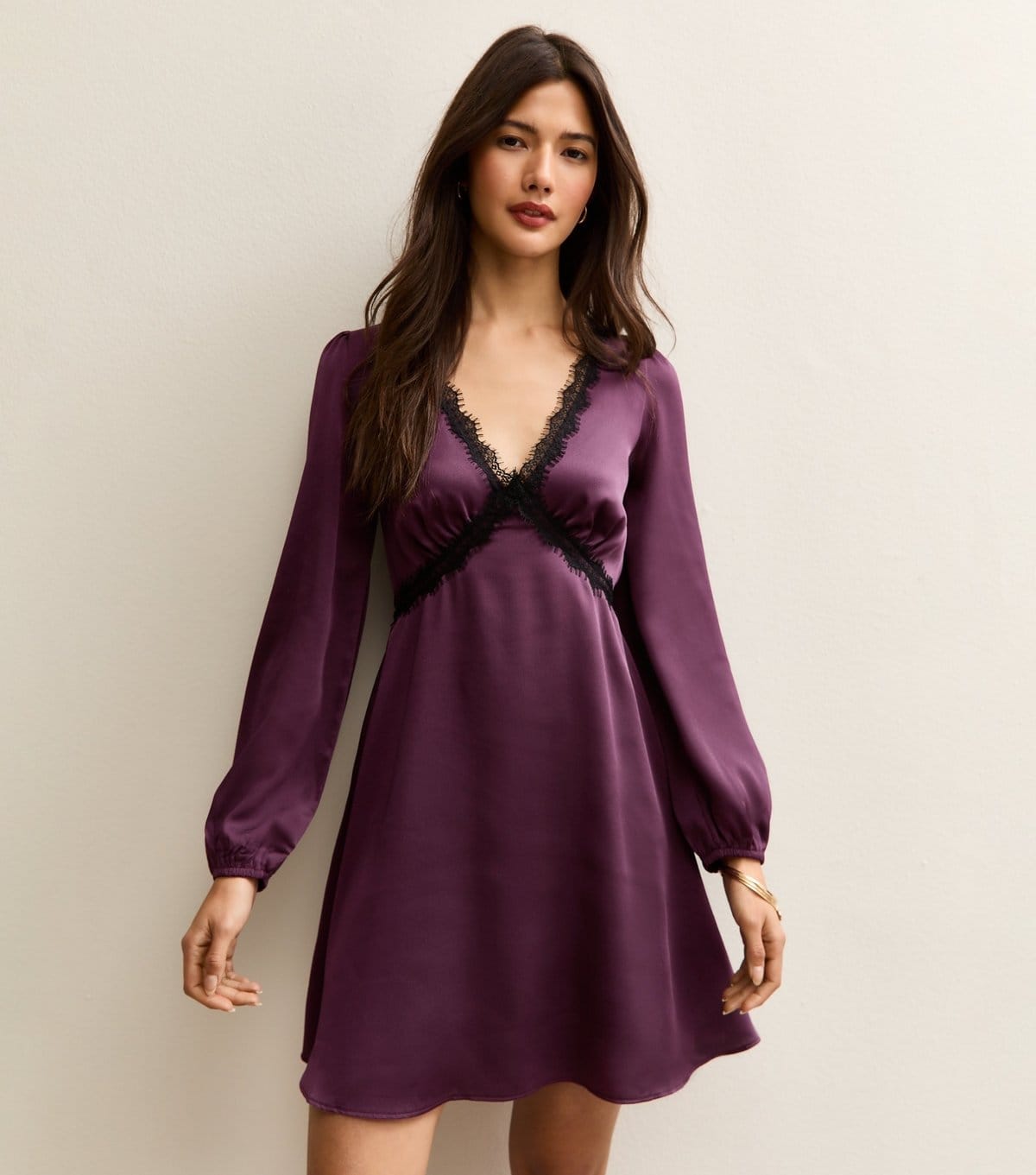 New Look Dark Purple Textured Satin Lace Trim Mini Dress