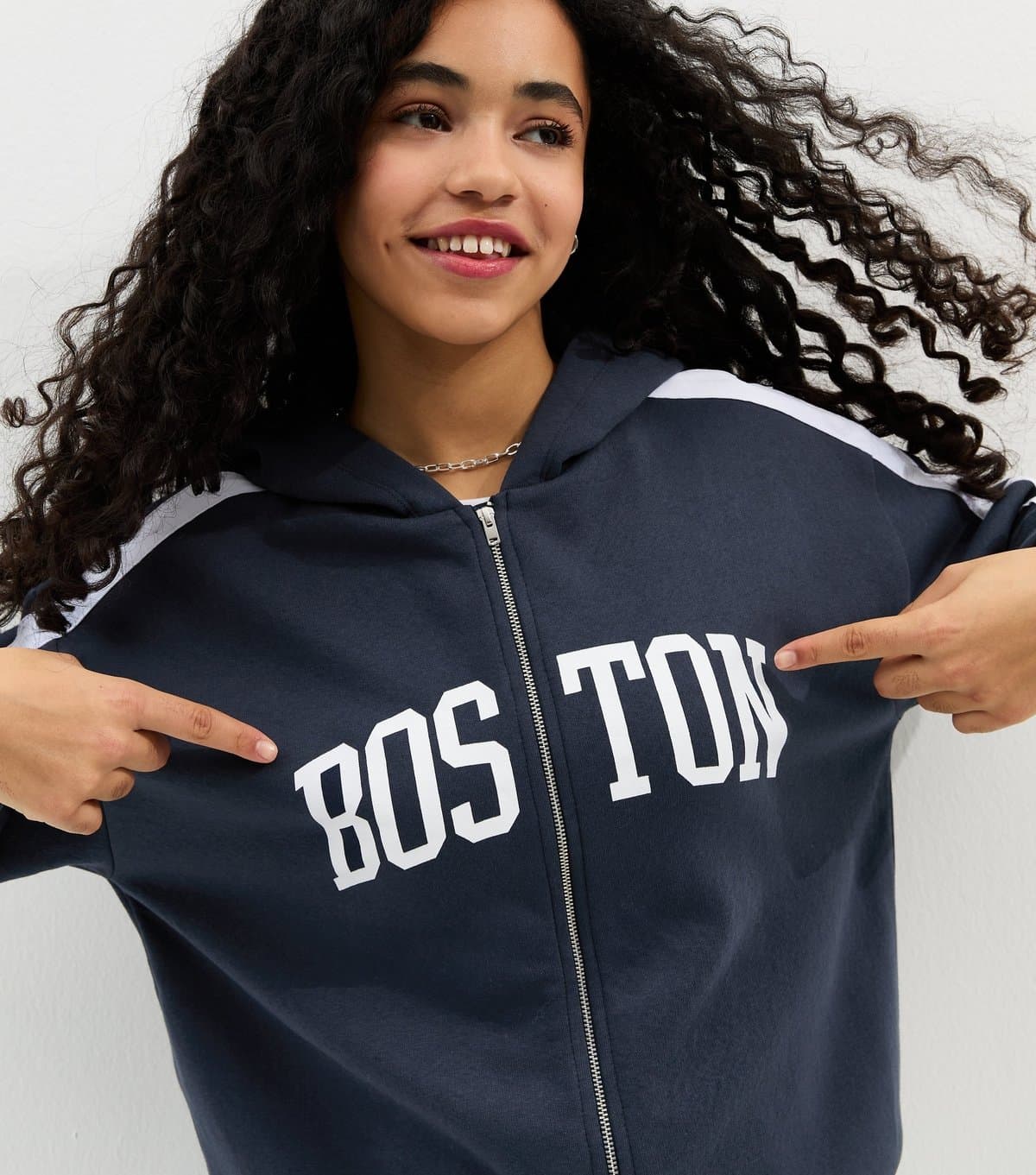 New Look Girls' Navy Boston Logo Zip Up Hoodie New Look