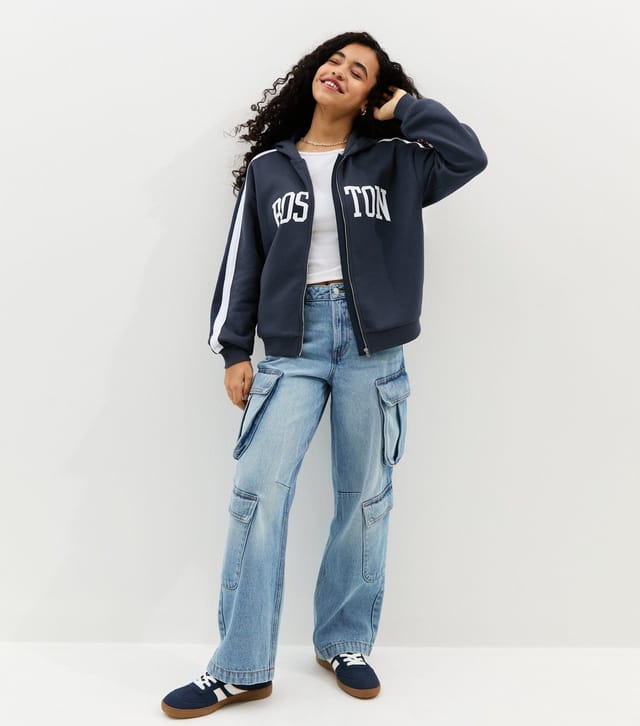 New Look Girls' Navy Boston Logo Zip Up Hoodie New Look - 3