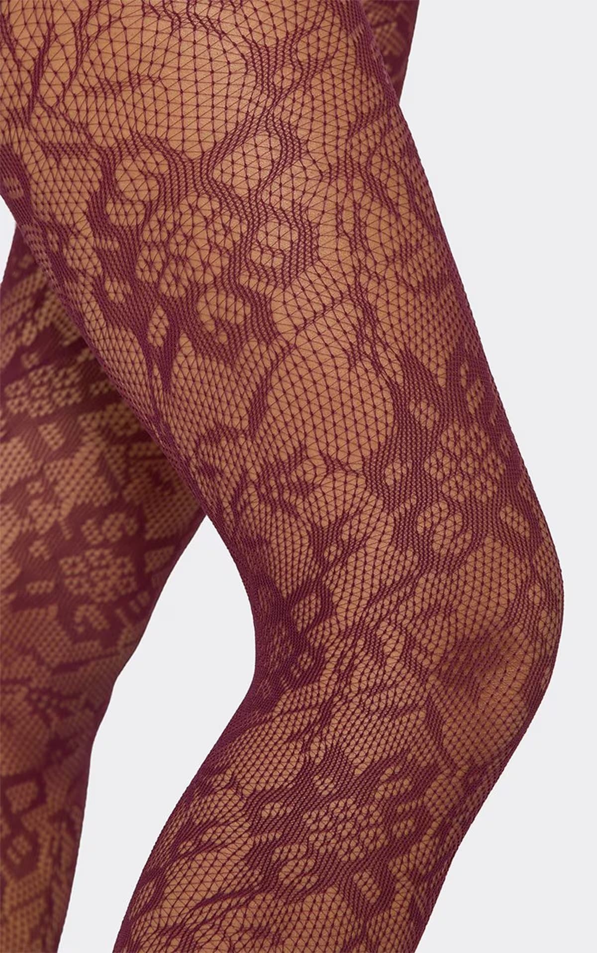 EGO Fishnet Floral Detail Tights In Burgundy, Women's Size UK 0