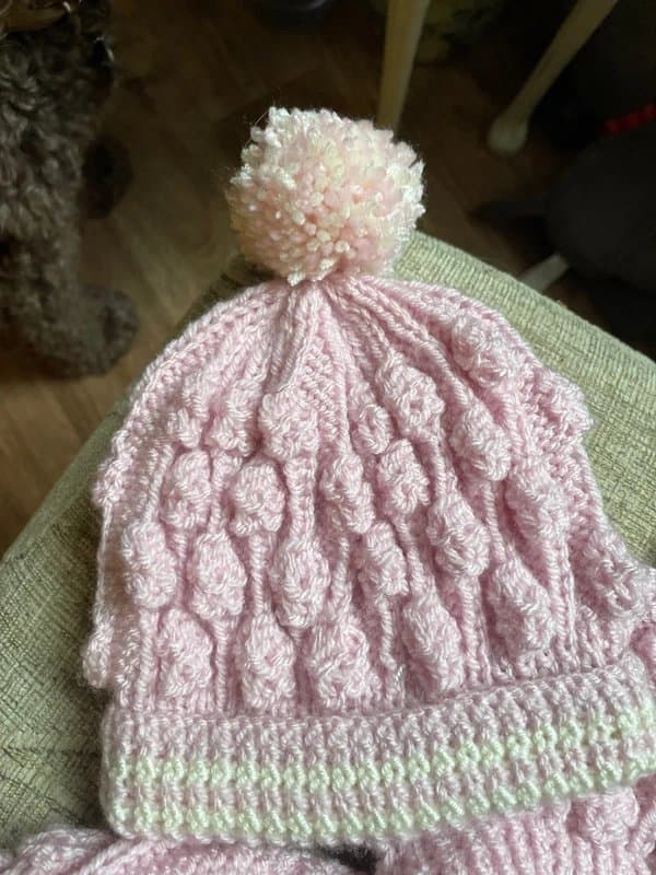 woolcornercrafts Hand knitted pink bobble hoody corded mittens and bobble hat 0-6 months