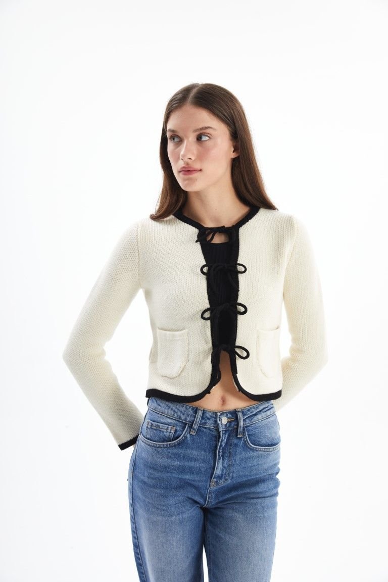 Dexia Dexia Women's Elegant Contrast Trim Bow Detail Cropped Ecru Cardigan - 2