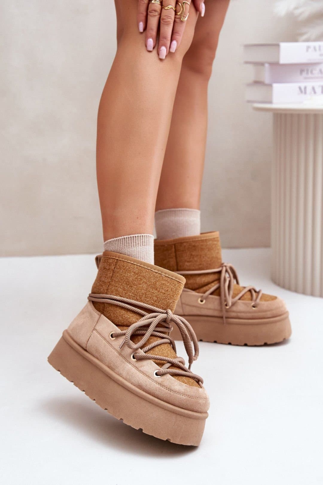 Love Lace Love Lace Women's Stylish Platform Snow Boots with Fur Lining & Front Lacing in Brown