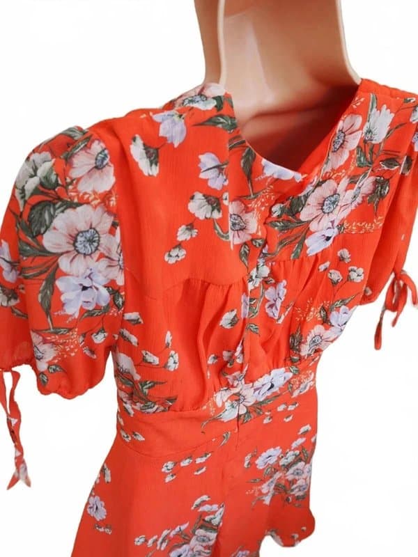 New Look New Look Pink Coral Floral Tie Short Sleeve Corset Skater Summer Dress 8 S