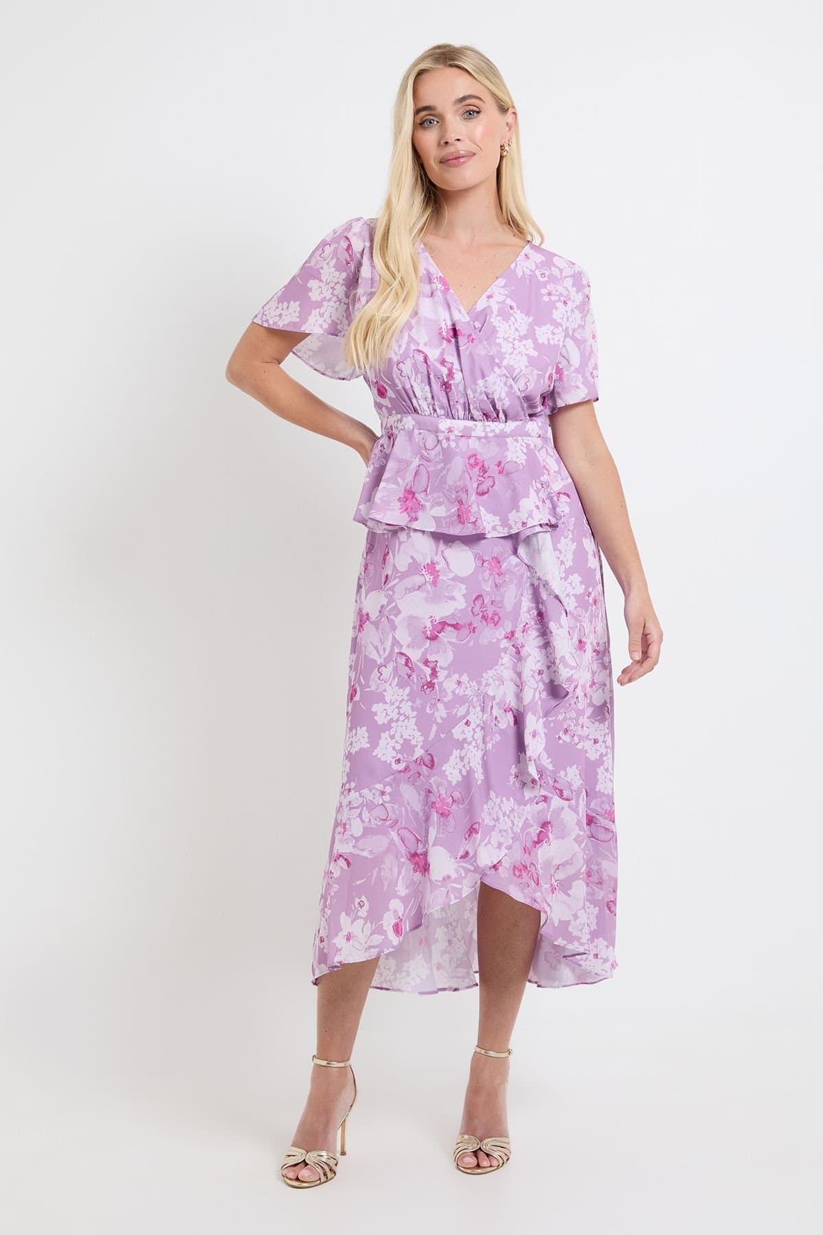 Wallis Wallis Women's Petite Floral Ruffle Peplum Midi Dress in Pink