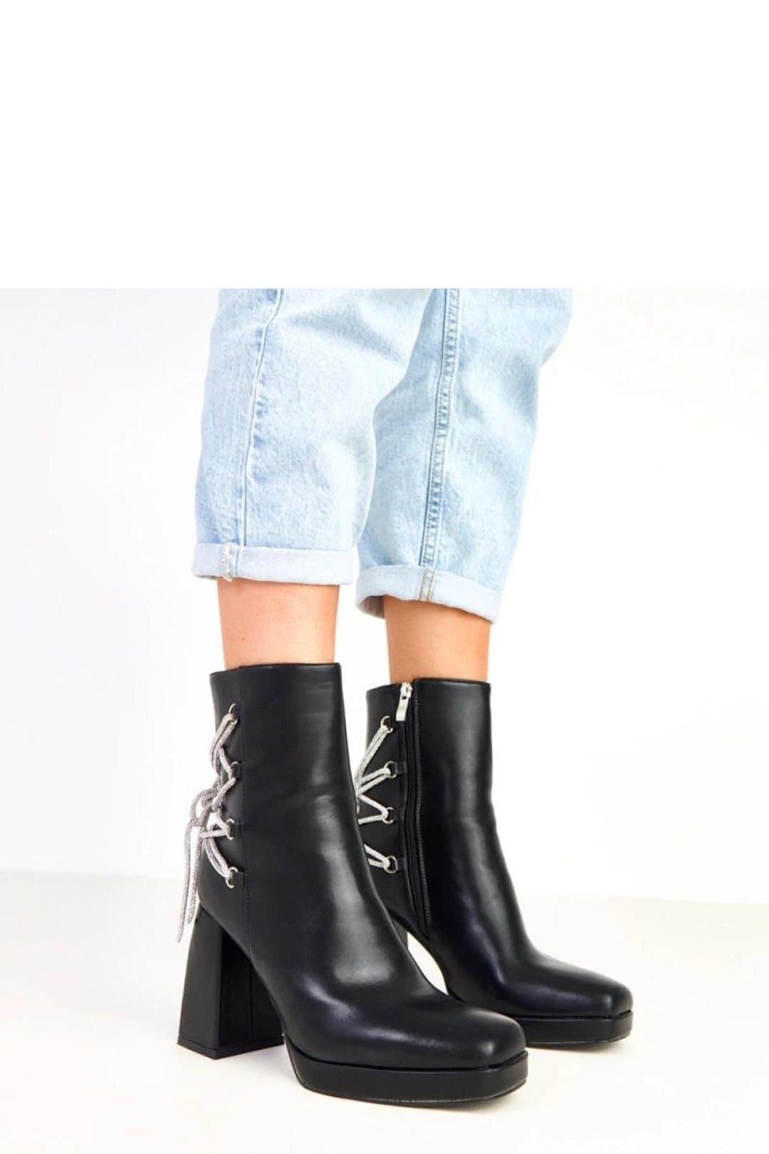 Love Lace Love Lace Women's Ankle Boots with Back Zircon Lace Up Platform Pillar Heel in Black