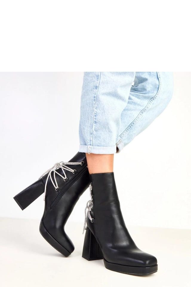 Love Lace Love Lace Women's Ankle Boots with Back Zircon Lace Up Platform Pillar Heel in Black - 2