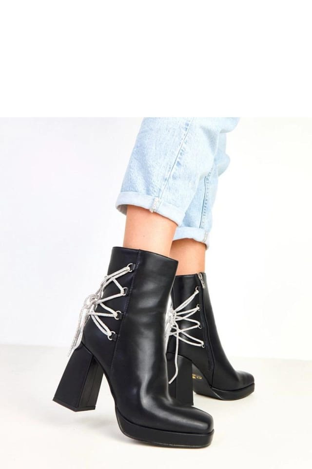 Love Lace Love Lace Women's Ankle Boots with Back Zircon Lace Up Platform Pillar Heel in Black - 3