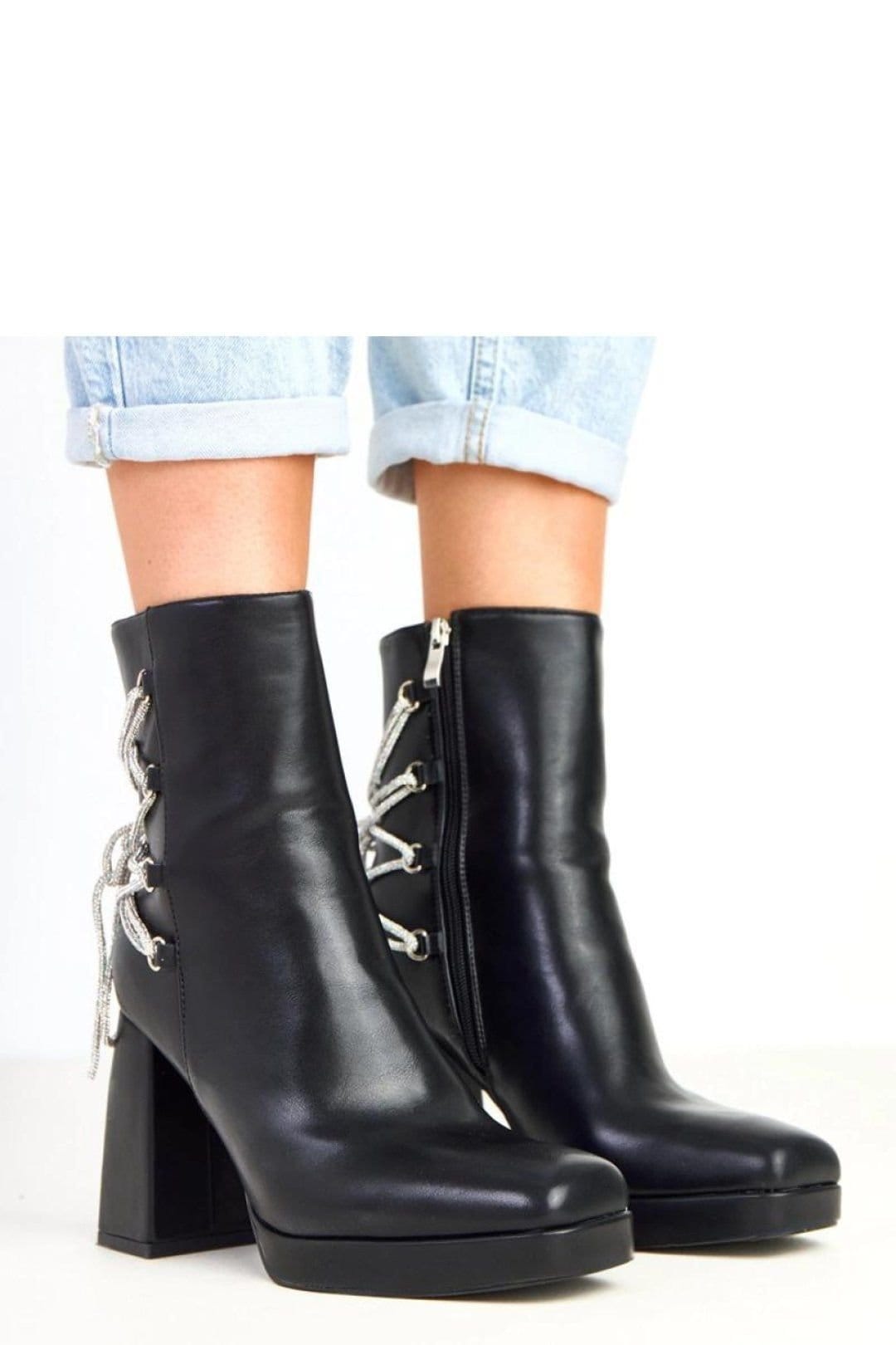 Love Lace Love Lace Women's Ankle Boots with Back Zircon Lace Up Platform Pillar Heel in Black - 4