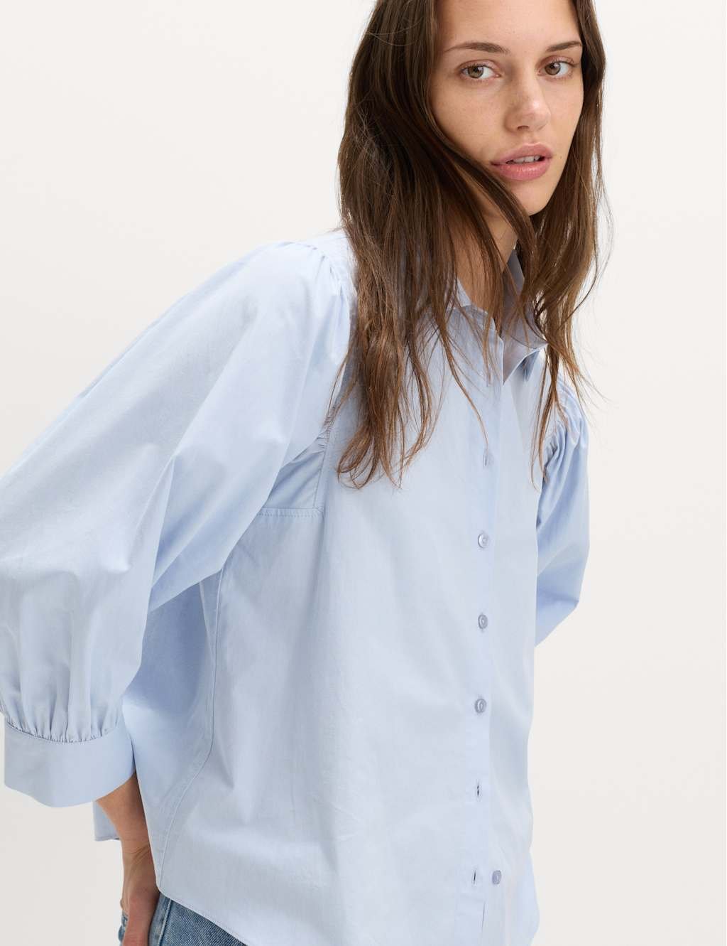 Marks & Spencer M&S Pure Cotton Collared Boxy Shirt Faded Blue - 4
