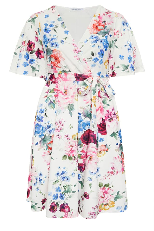 Yours Yours Women's Floral Wrap Skater Dress in White - 2